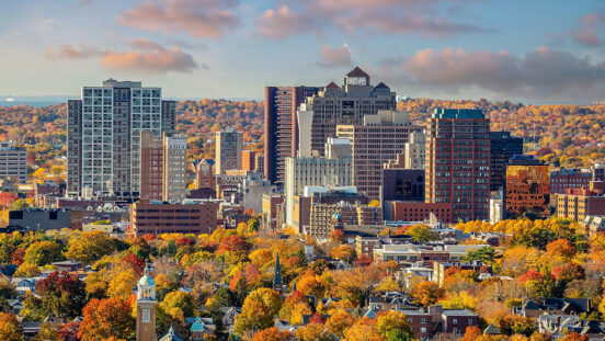 Aerial view of new haven Connecticut with fall foliage