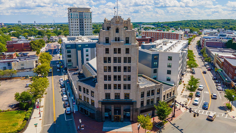 Aerial image of downtown Quincy mass