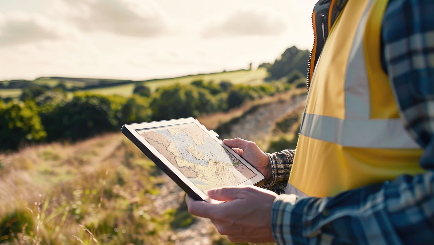 someone using an iPad to gather GIS information on a project site