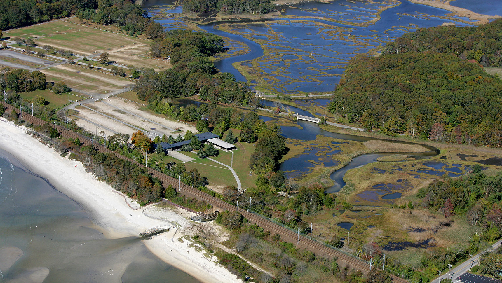 Aerial view of ocean and salt marshes