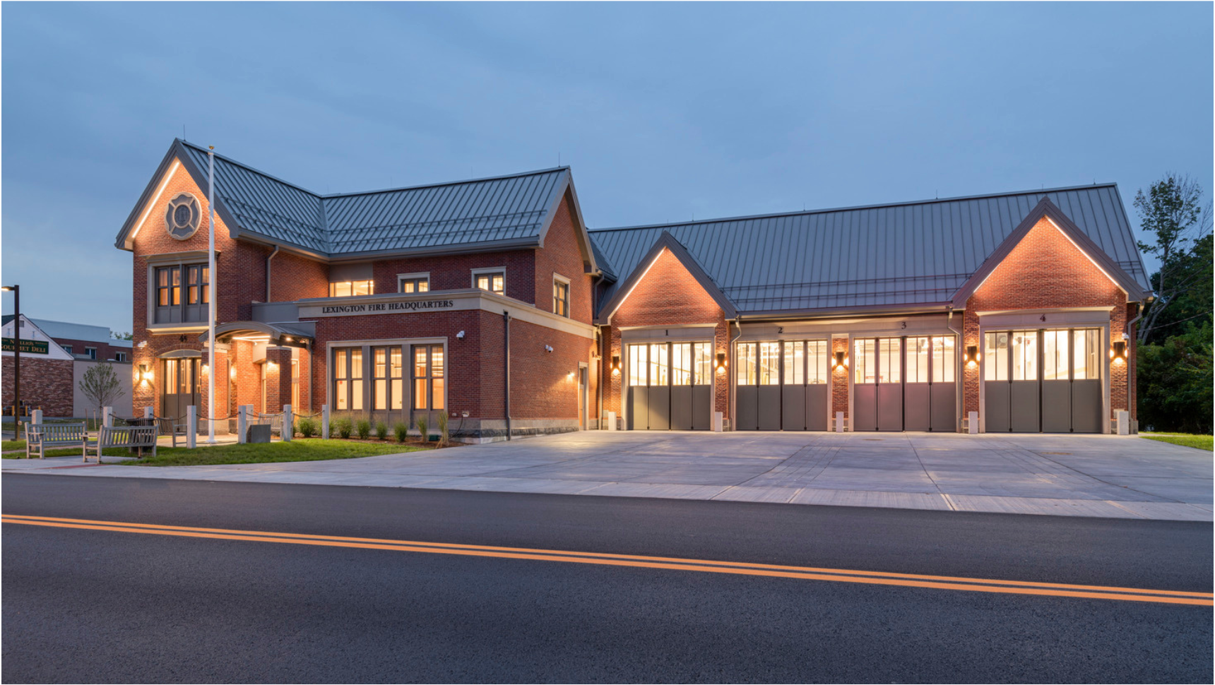 Exterior of Lexington fire headquarters at dark