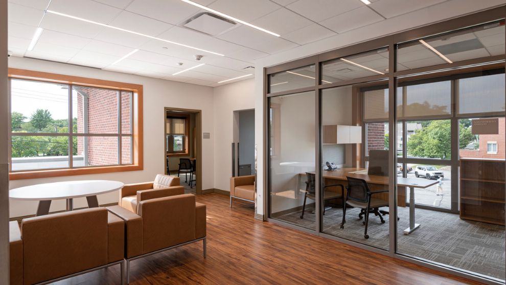 Fire station interior with meeting table and office