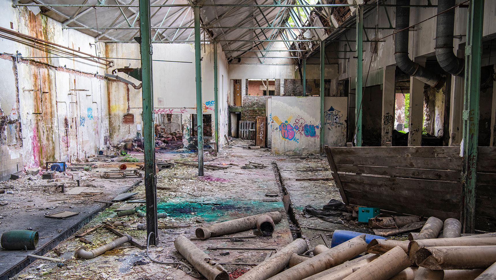 Interior view of building with hazardous materials