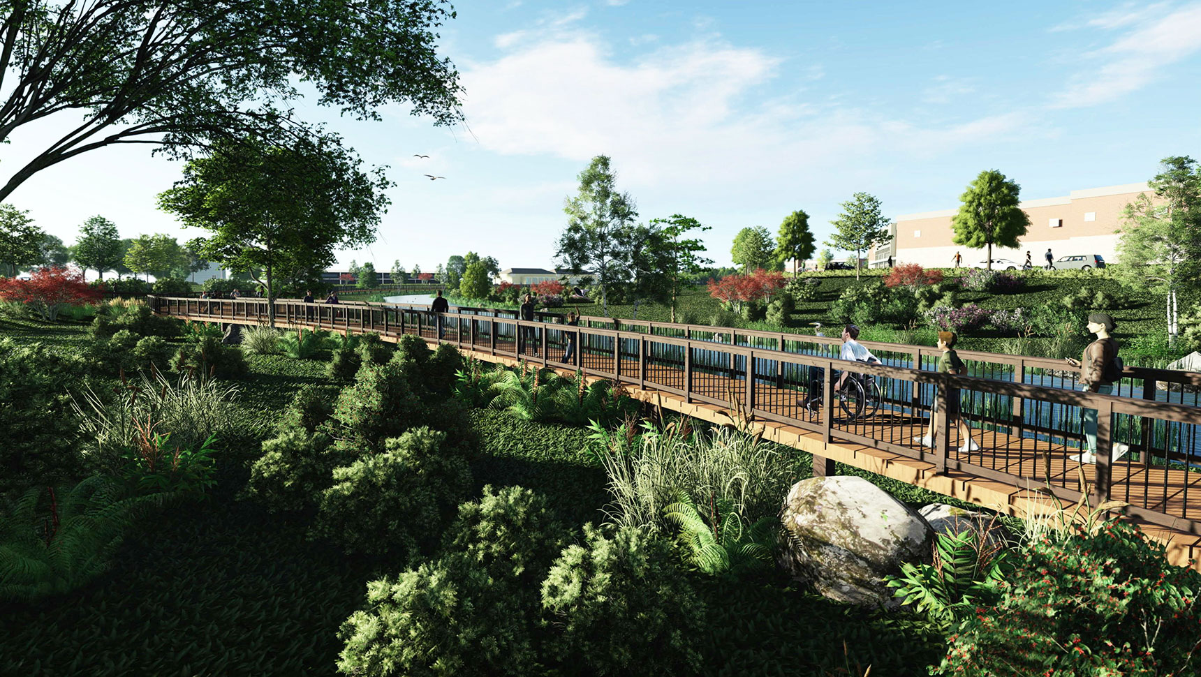 Rendering of park with walking bridge over water