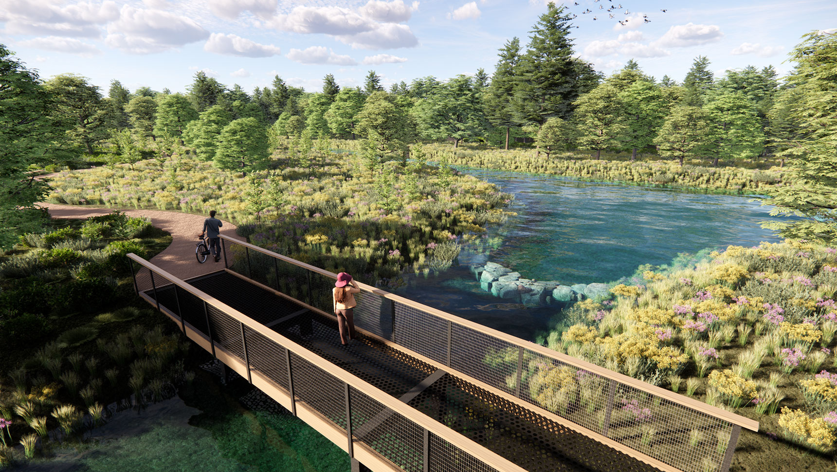 Rendering showing bridge over water for resilience improvements