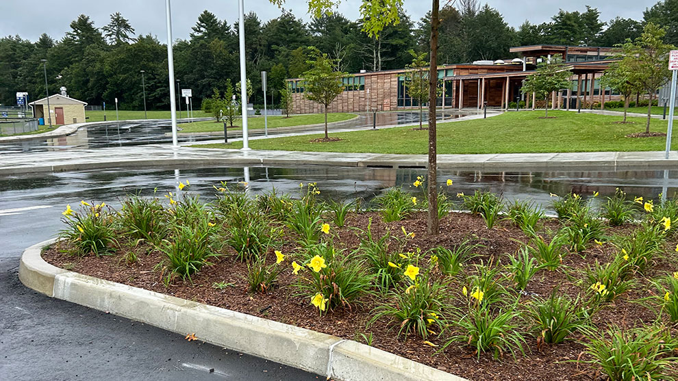 View of parking lot and completed school