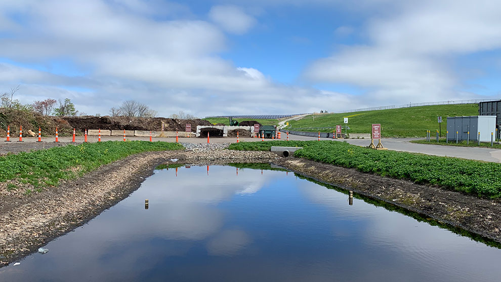 View of pond at construction site