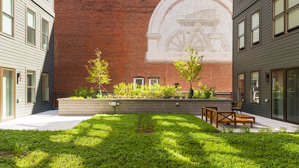 Nightinggale outdoor area with grass and bench and mural view