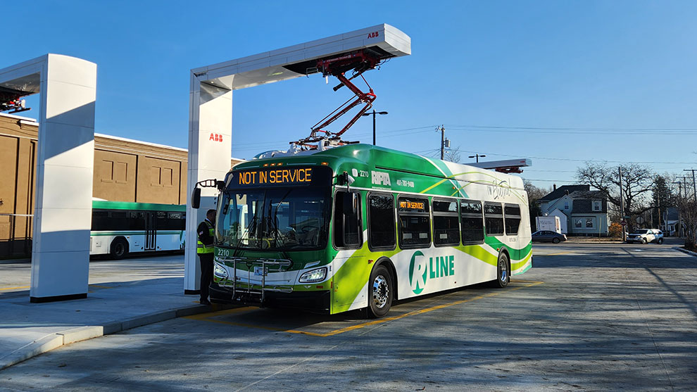 A close up view of the bus charging