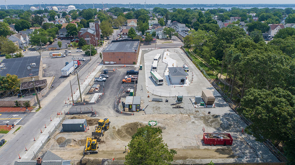 Aerial view of bus charging station during construction