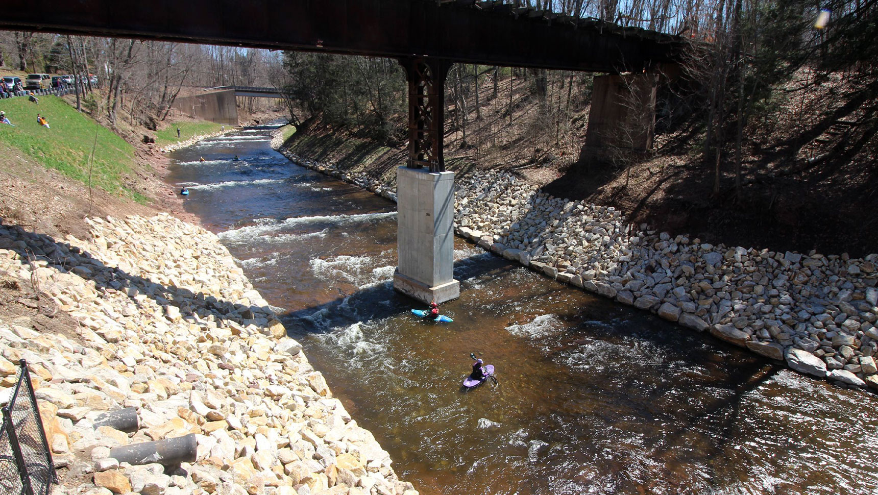 Kayaks on the river at old springborn dam site