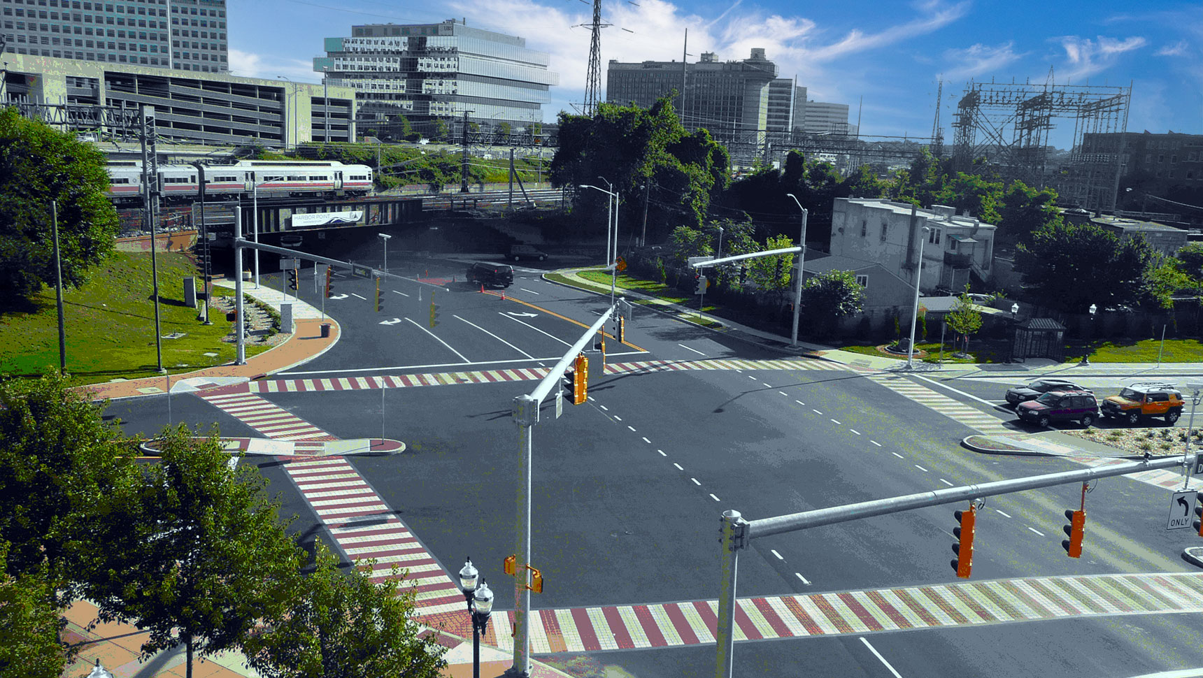 Overhead view of large intersection with signals and crosswalks