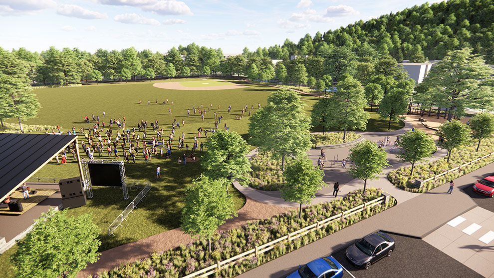 Rendering of park with people gathered