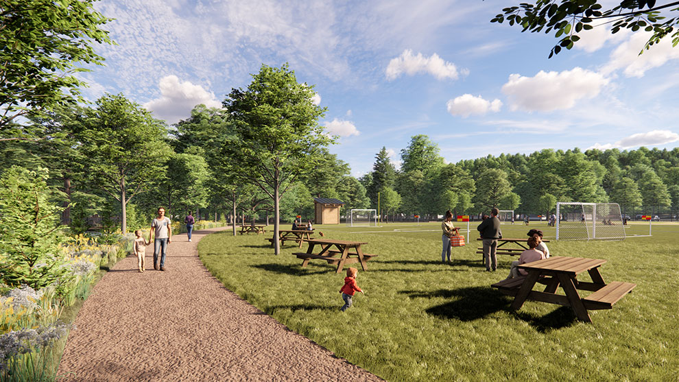 Rendering of park with people walking on path and sitting at picnic benches