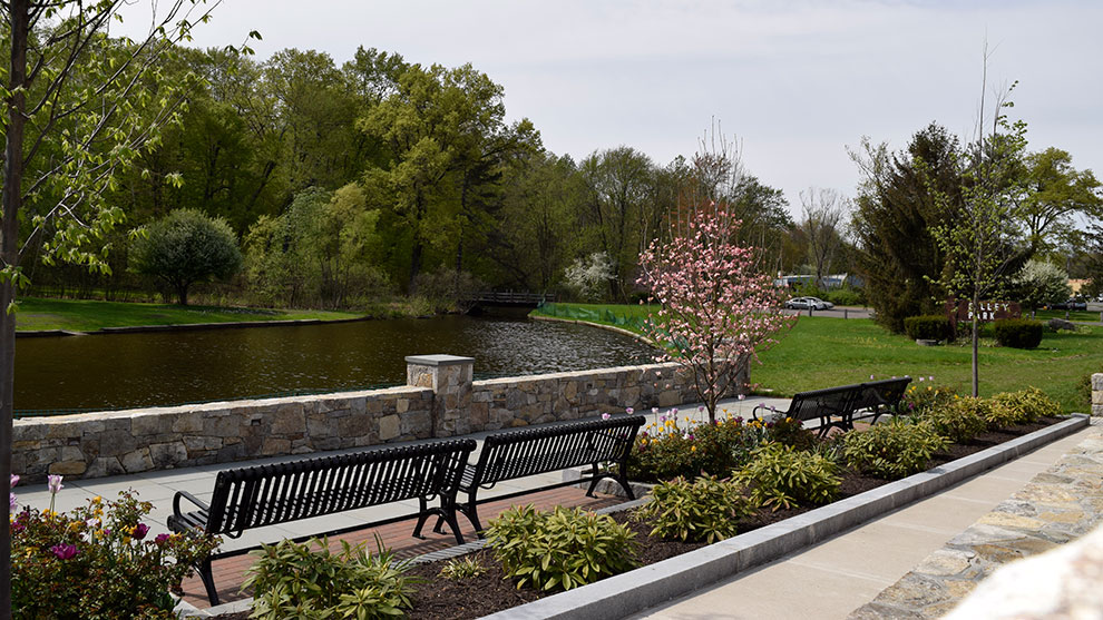 Completed park photo next to pond with benches sidewalk and plantings