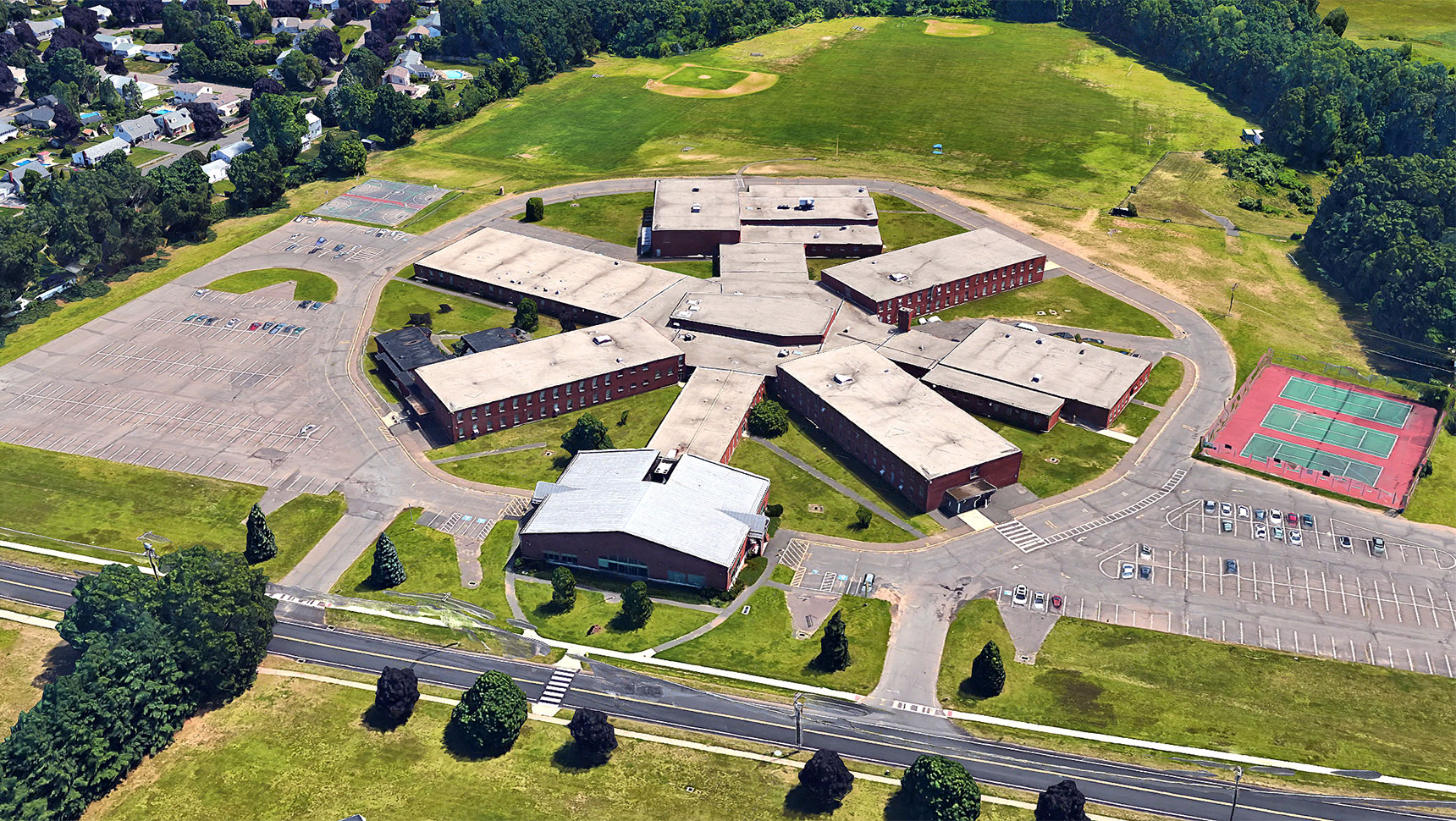 Aerial view of JFK middle school and athletic fields