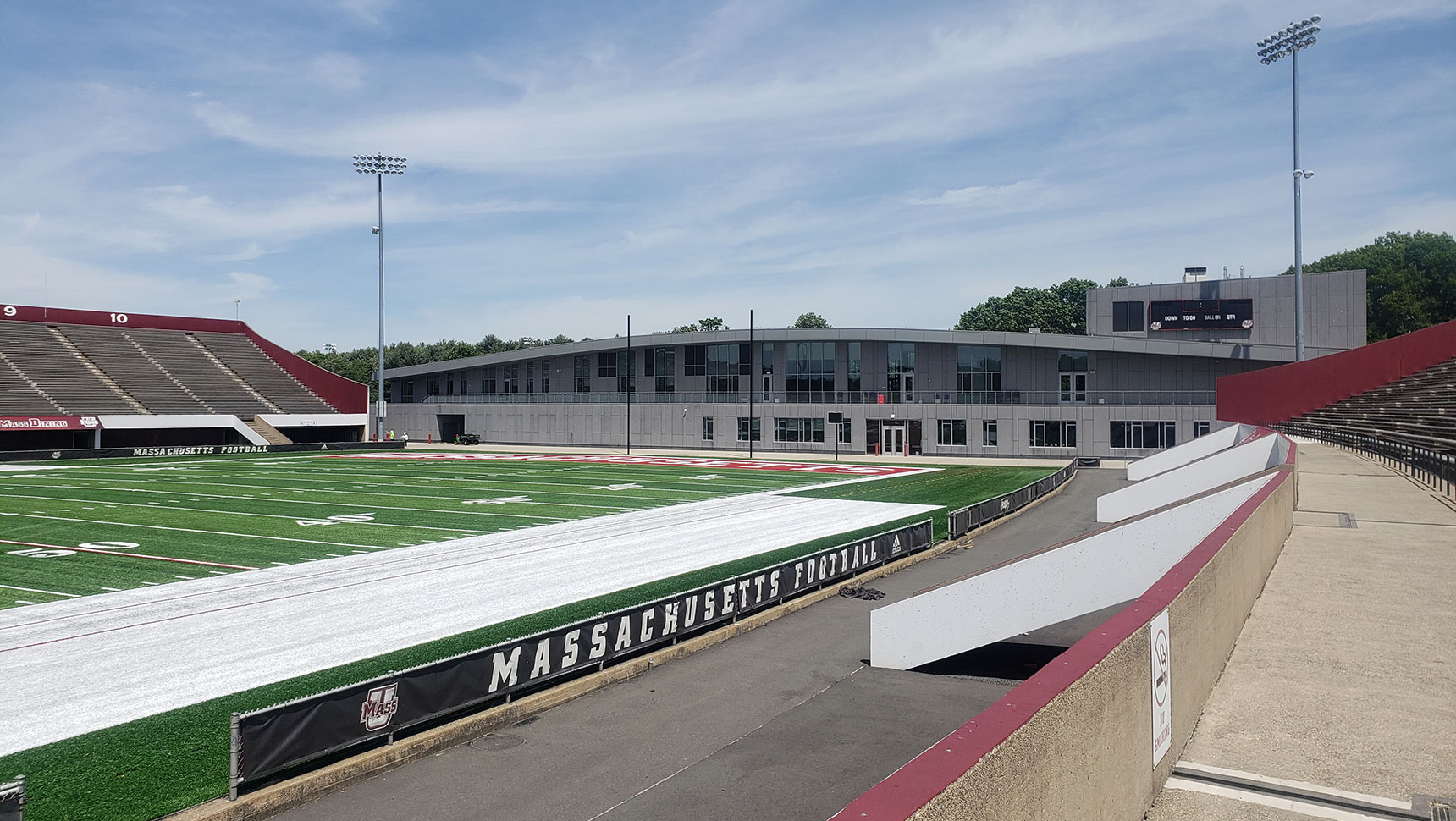 full view of interior of stadium showing field and bleachers