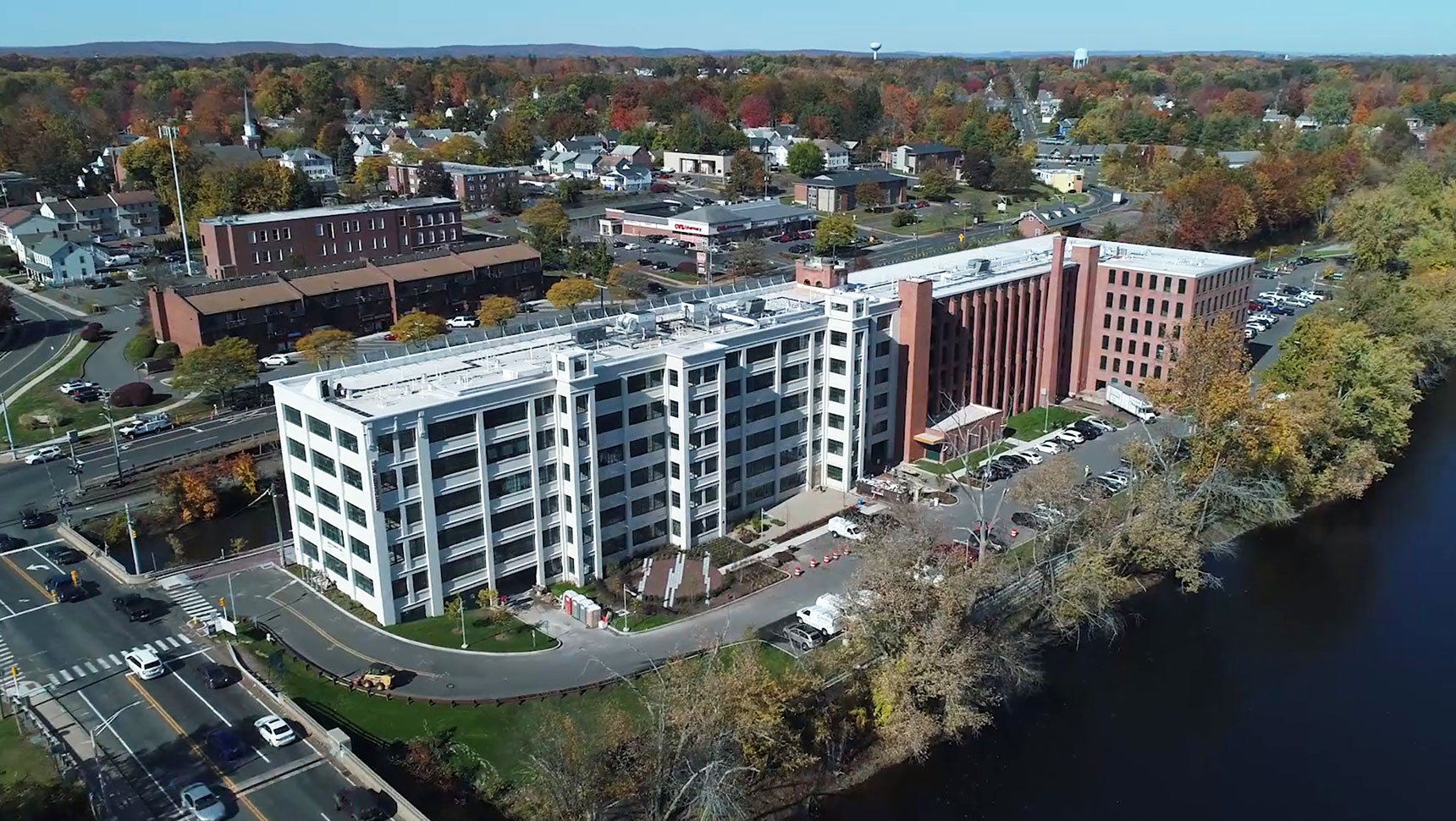 Aerial view of completed building