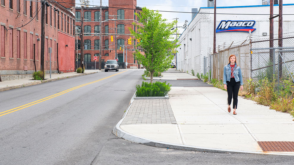 Someone walking down Pine Street