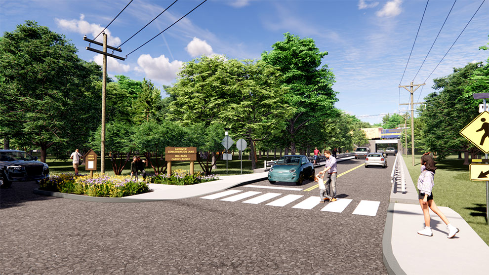 Rendering of a roadway and people crossing the crosswalk towards the park