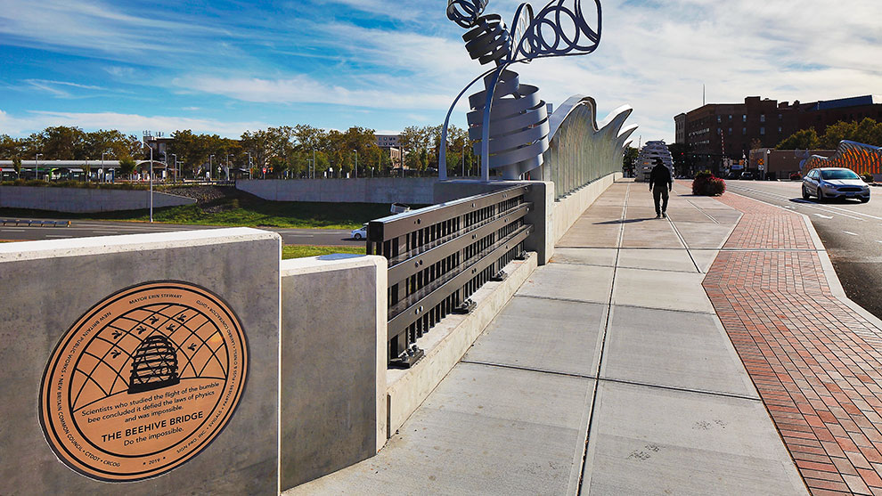 Beehive bridge sidewalk and Bee sculpture