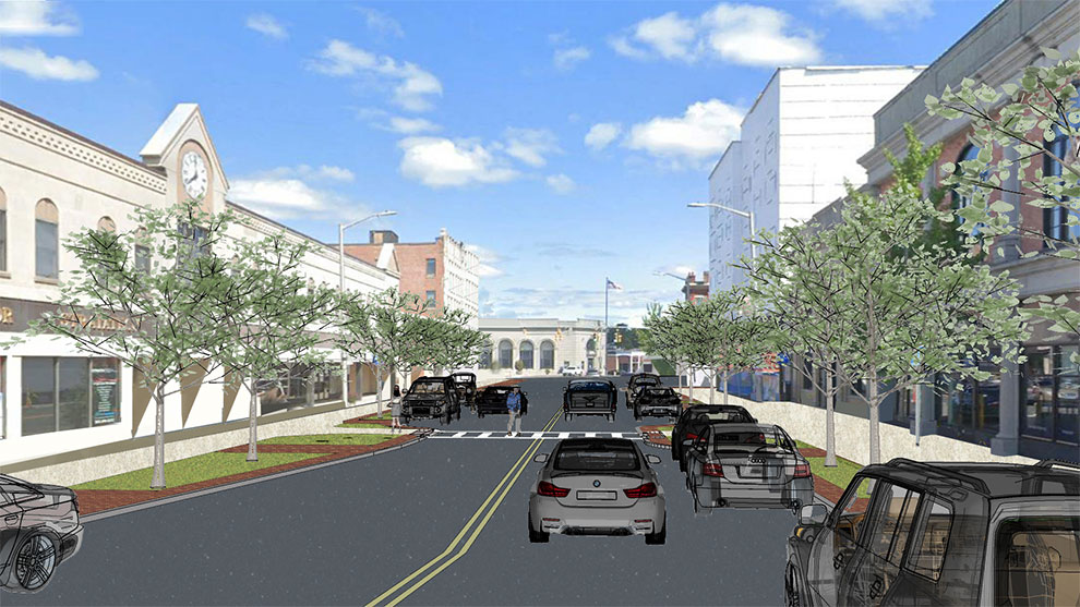 Wall street rendering with cars on the road and someone crossing in crosswalk